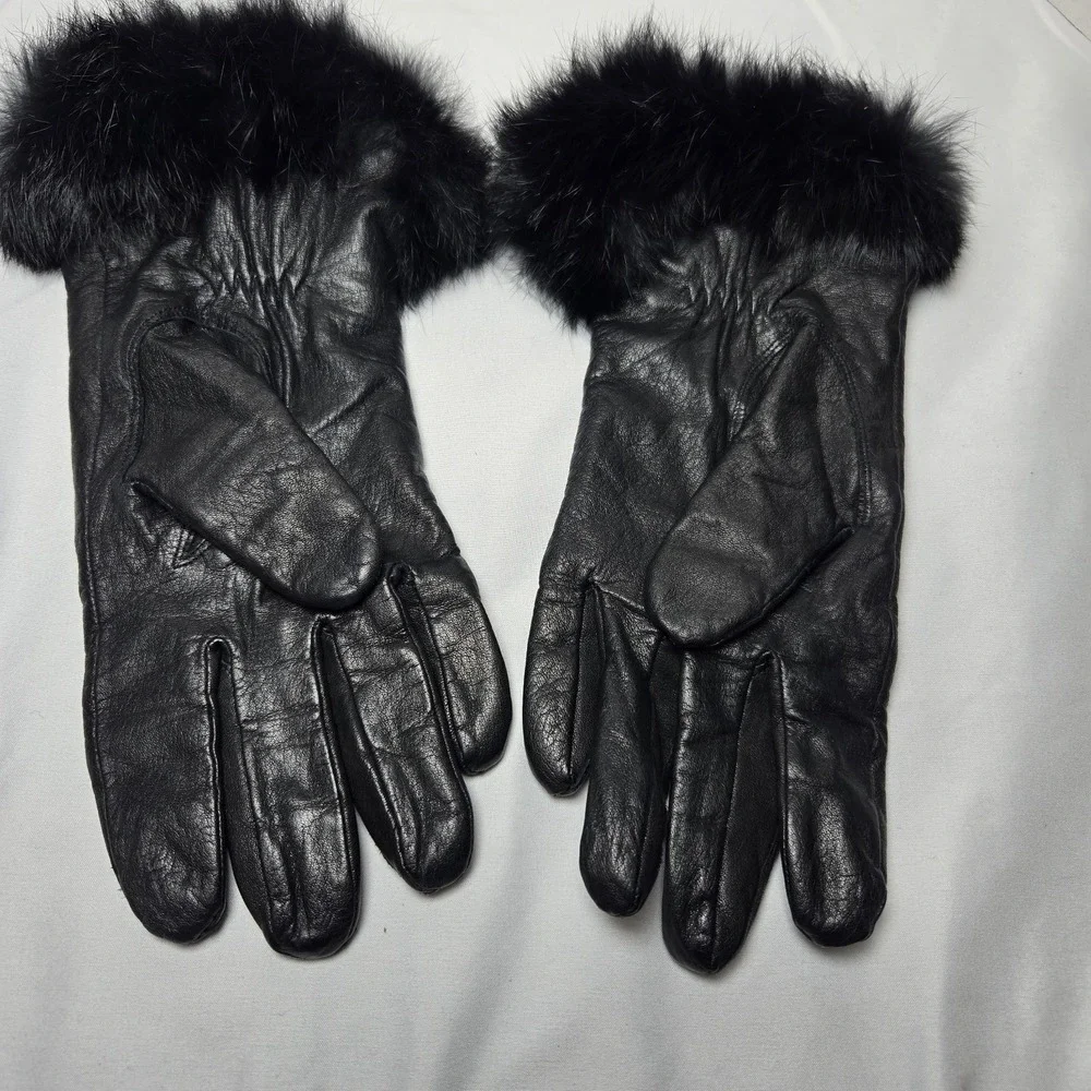 Genuine Cowhide Leather Rabbit Fur Trim Gloves Black Womens Large Quiet Luxury
